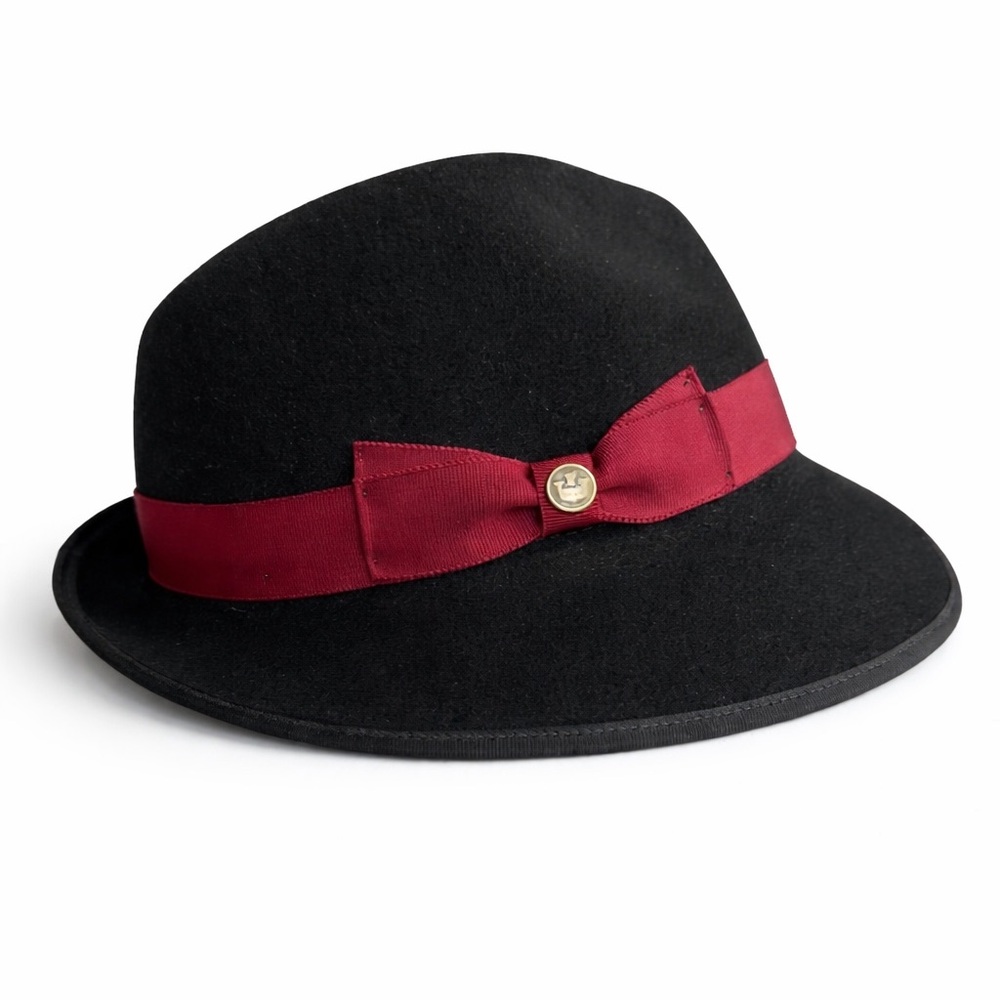 Goorin Bros 100% Wool Black Fedora Hat Burgundy Ribbon Classic Unisex